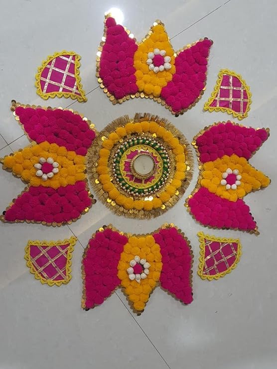 SellPlus Decorative Handmade Multicolour Pom-Pom Lotus Rangoli Tlight | Rangoli Tlight for Decoration | Diwali Diya Set (Rang97)