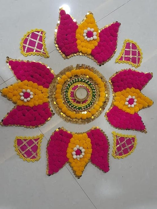 NUTTS  Decorative Handmade Multicolour Pom-Pom Lotus Rangoli Tlight | Rangoli Tlight for Decoration | Diwali Diya Set (Rang97)