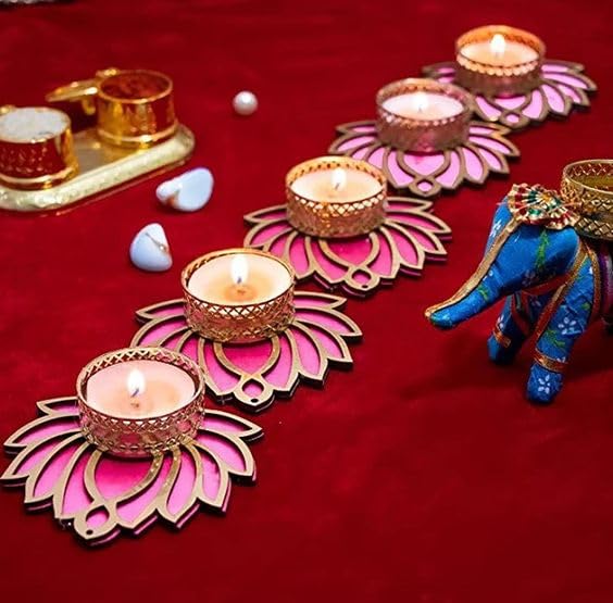 Sellplus Handcrafted Lotus MDF Tealight Holder Decorative Candle Stand for Diwali Home Temple Festival Table Centerpiece Spiritual Decoration Pack of 4(Tealight-293)