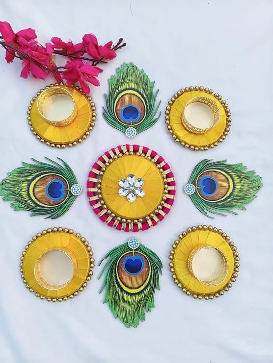 SellPlus Decorative Handmade Multicolour MDF Peacock Feather Rangoli Tlight | Rangoli Tlight for Decoration | Diwali Diya Set (Rang105-2)