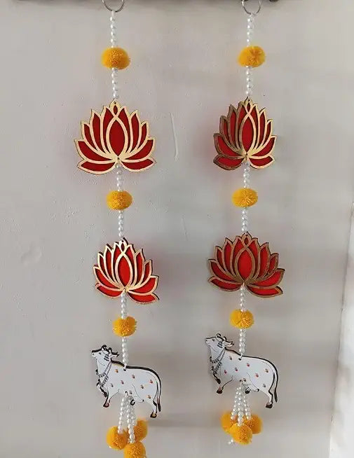 Nutts Handmade Decorative Multicolour Traditional LotusPm Pom Cow Beads Hanging for Decoration | Lotus Hanging for Diwali and Festive Decoration (Lotus 88)