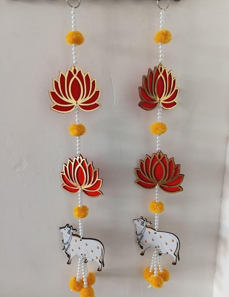 Nutts Handmade Decorative Multicolour Traditional LotusPm Pom Cow Beads Hanging for Decoration | Lotus Hanging for Diwali and Festive Decoration (Lotus 88)