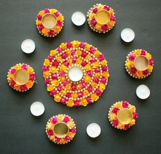 Sellplus Elegant Handmade Floral Rangoli Tealight Holder Festival Decoration MDF Floor Decor for Diwali Navratri Pooja Home Entrance Traditional Art Craft (Rang107)