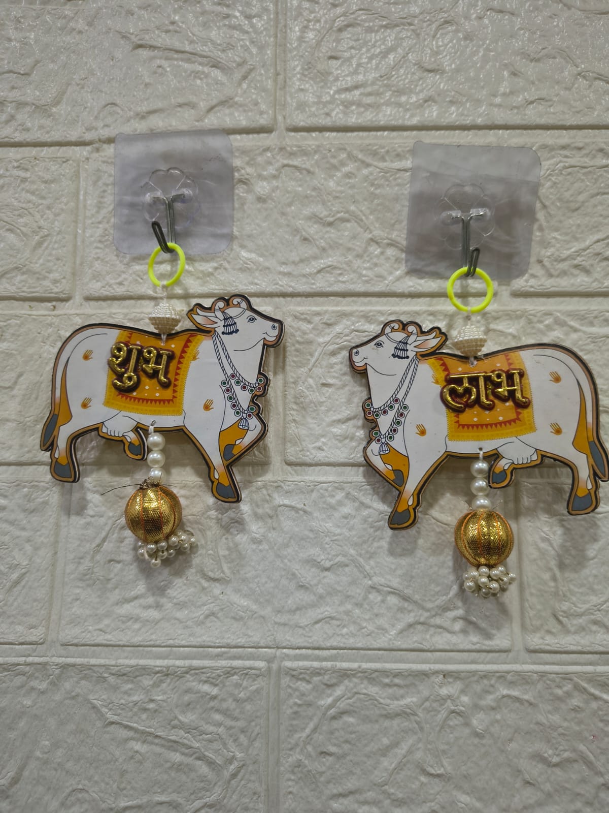 Handmade MDF Cow Pichwai Shubh Labh Hanging | Side Door & Wall Hanging with Latkan | Traditional Indian Decor | Goodluck & Prosperity Hanging for Entrance Pack of 2 (SMALL127)