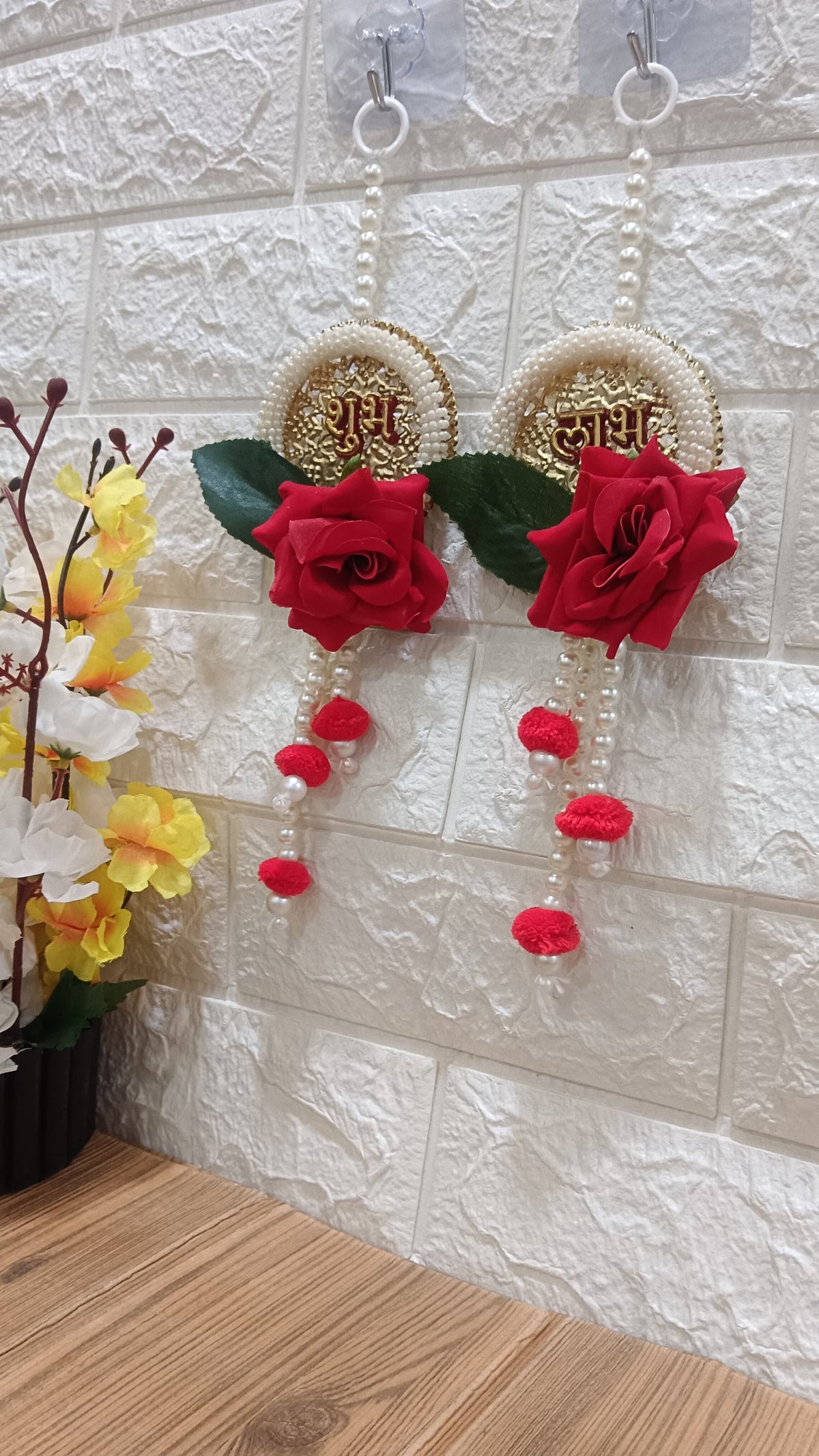 Subh Labh, Artificial Velvet Flower with, White Beads Hanging, for Home Decoration and All Festival Decor (Pack of 2) (SMALL139)