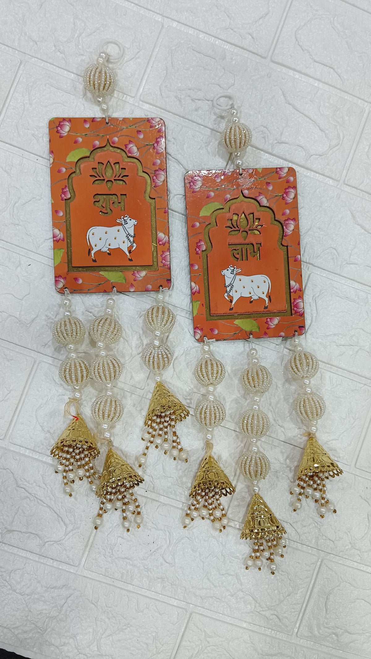 Nutts Handcrafted Shubh Labh MDF Door Hanging with Cow Design Decorative Beaded Tassels Lotus Motif Wall Hanging for Home Entrance Festive Decor Pack of 2 (SMALL115-2) (Oragne)