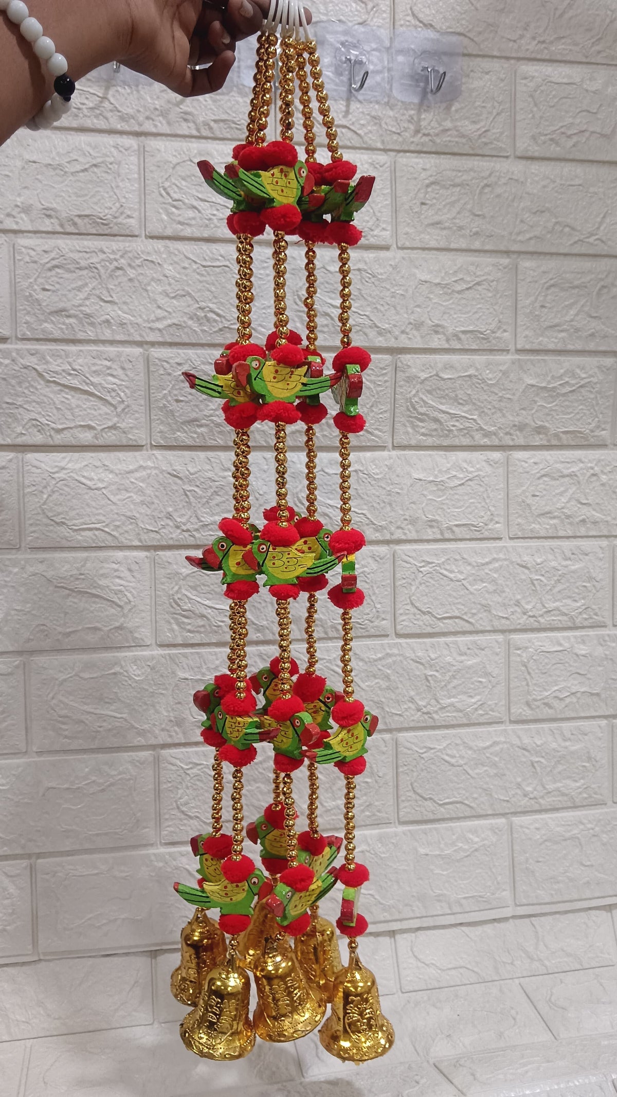 Nutts Handmade Decorative Wooden Parrot Toran | Traditional Pom-Pom Beads Bell Toran | Hanging for Home Entrance and Main Door Decoration (PMPMT101)