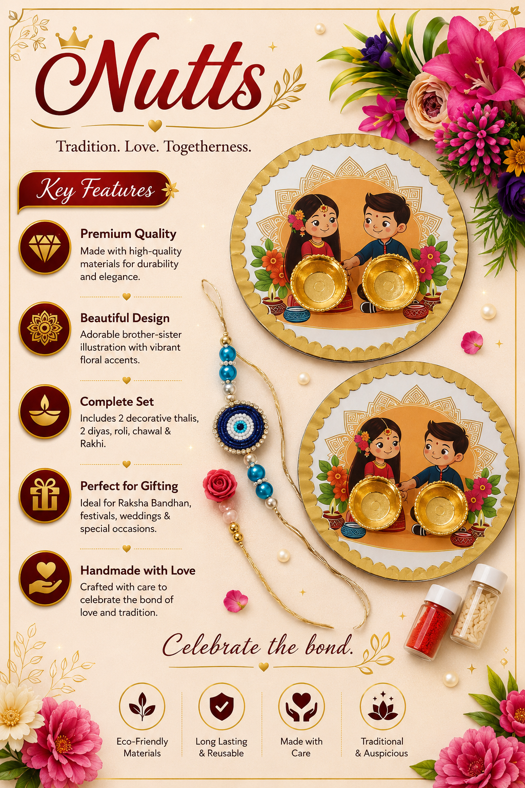 Nutts Rakhi Pooja Plate with Handmade Rakhi for Brother for Raksha Bandhan (RakhiP07)