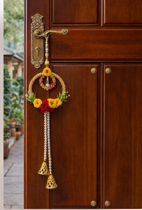 Nutts Artificial Flower Door Hanging Wall Decor Pearl Tassels and Golden Bells Decorative Floral Ring Hanging for Home Entrance Festival Decoration Hanging (Pack of 2)