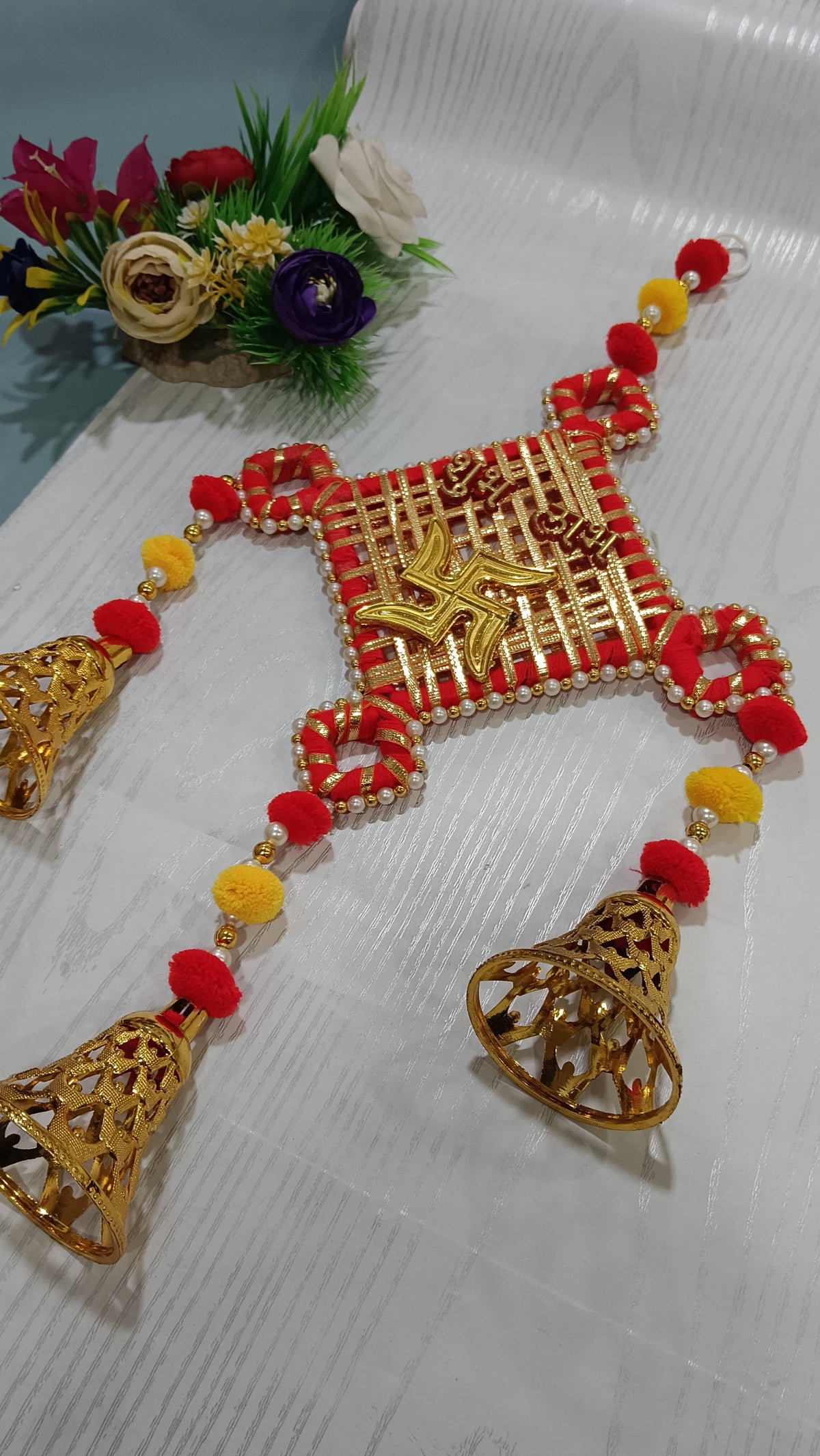 Decorative Subh-Labh Pom - Pom Bell Hanging | Diwali | Marriage | Party | and All Festival Decor | Home | Wall | Main Door | Office | Etc Decoration Item (Pack of 2) (SMALL159)