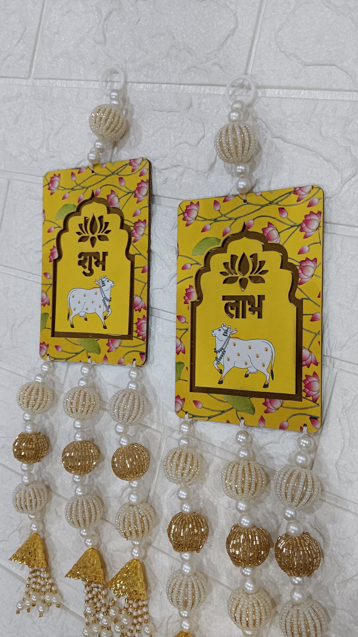 Pichwai Cow Shubh Labh Hanging, Decorative Wall Hanging with Beads Pack of 2 (Yellow) (SAMLL115-3)