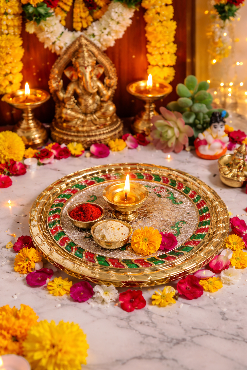 Nutts Decorative Pooja Thali Tilak Content Holder Plate Gifts With Small Lord Set for Home & Office Decoration & Gifting (KrishnaJi Round) (PoojaP25-1)