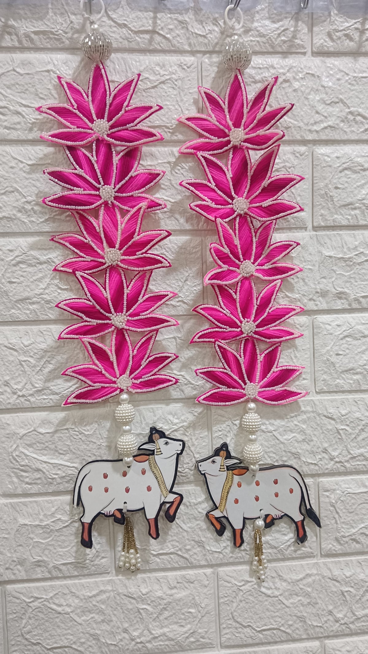 Flower Booti with Cow Hanging for Decor Your Home | Gifting | Prosperity [Pack of 2] (Pink) (SMALL154)