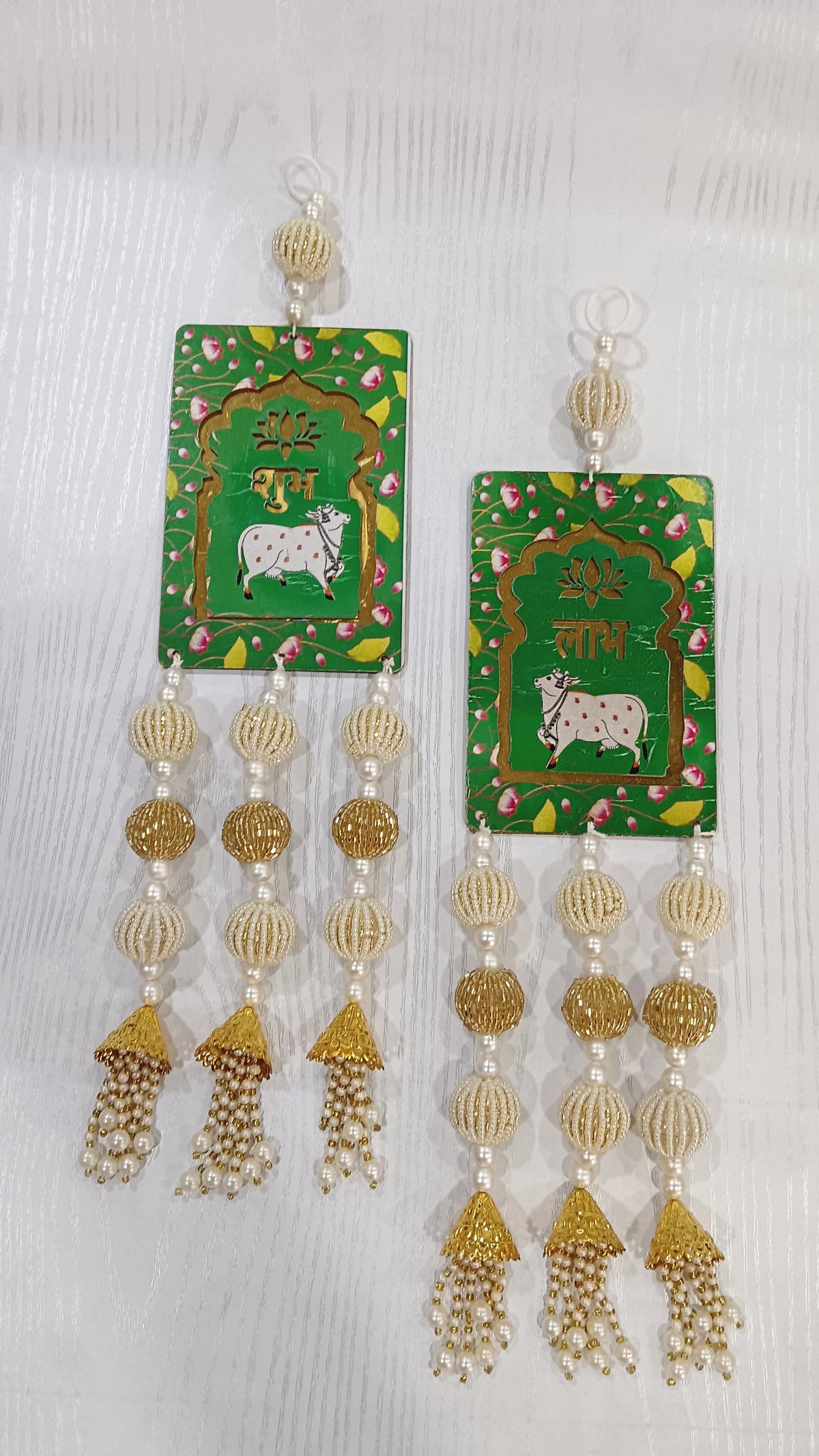 Nutts Handcrafted Shubh Labh MDF Door Hanging with Cow Design Decorative Beaded Tassels Lotus Motif Wall Hanging for Home Entrance Festive Decor Pack of 2 (SMALL115-1) (Green)