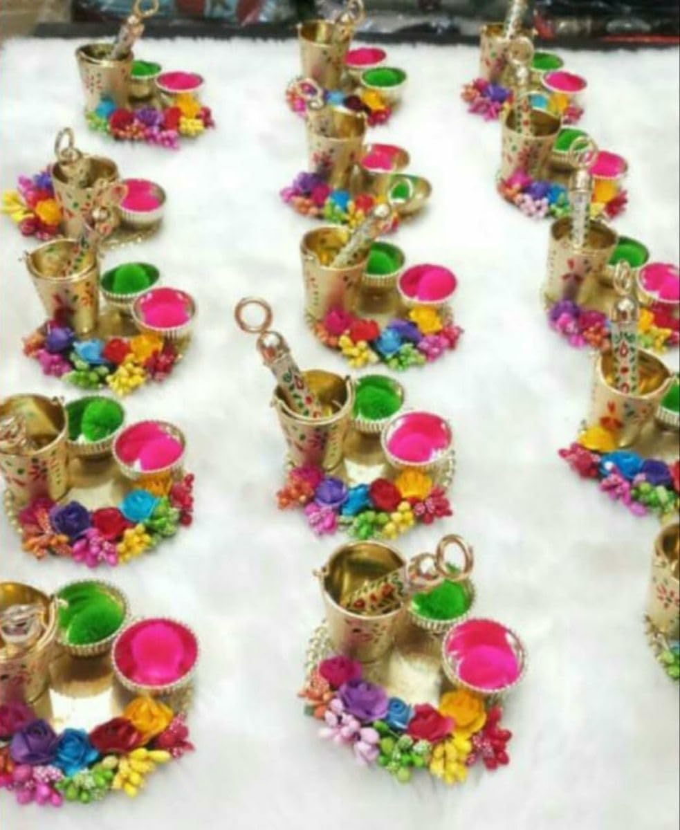 Sellplus Traditional Decorative Small Holi Plate With Bucket Decorative Holi for Festival Celebration (HOLIPLATE-43)
