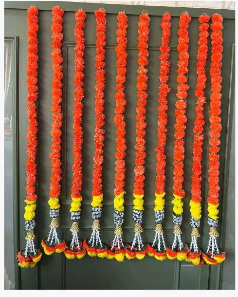 Nutts Handmade Orange Artificial Marigold Flower Hanging | Traditional Genda Toran for Door Wall Pooja Festival Home Decoration Reusable Decor Pack of 4 (PMPMT157)