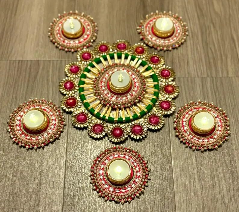 Sellplus Traditional Handmade Red Golden Pearl Tealight Rangoli Decorative Candle Holder Set for Diwali Pooja Wedding Festival Home Decoration Centerpiece Reusable Design (Rang43-2)
