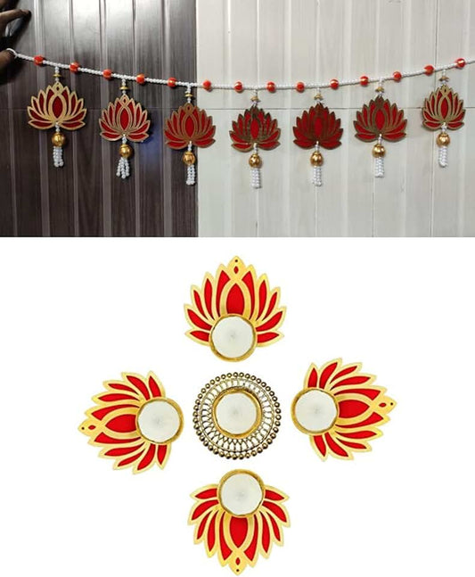 Beautyful Handmade Comboo Set, (Comboo of 1 Lotus Bandhanwar & Lotus Tea Light 5 Piece Set) Item for Home Décor Diwali Festival, Navratri, Wedding