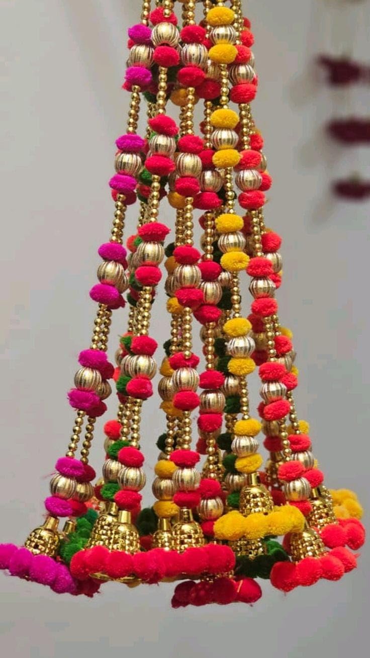 Nutts Decoartive Handmade Multicolour Pom-Pom Toran | Traditional Golden Bell Hanging for Home Decortion (PMPMT140)