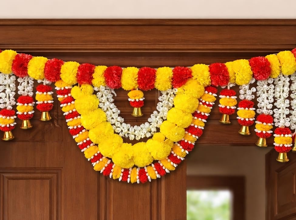 SellplusHandcrafted Artificial Multicolour Genda Flower and Green Leaf Bandhanwar Decorative Door Hanging Toran for Main Entrance | Pack of 1 (BDHW176-2)