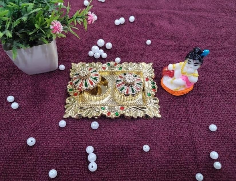 Nutts Handmade Decorative Hindu Pooja Plate Traditional Prayer Thali for Diwali Navratri and Home Decor With Small Lord Set for Home & Office Decoration & Gifting (Krishna Ji Rectangle) (PoojaP39-2)