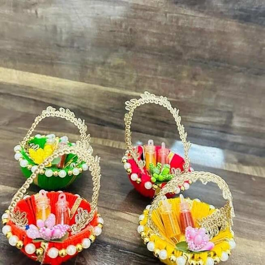 Decorative Small Mini Bottles Basket Decorative Holi Return Gifts for Festival Celebration (HOLITHALI-80) (Pack Of 6)