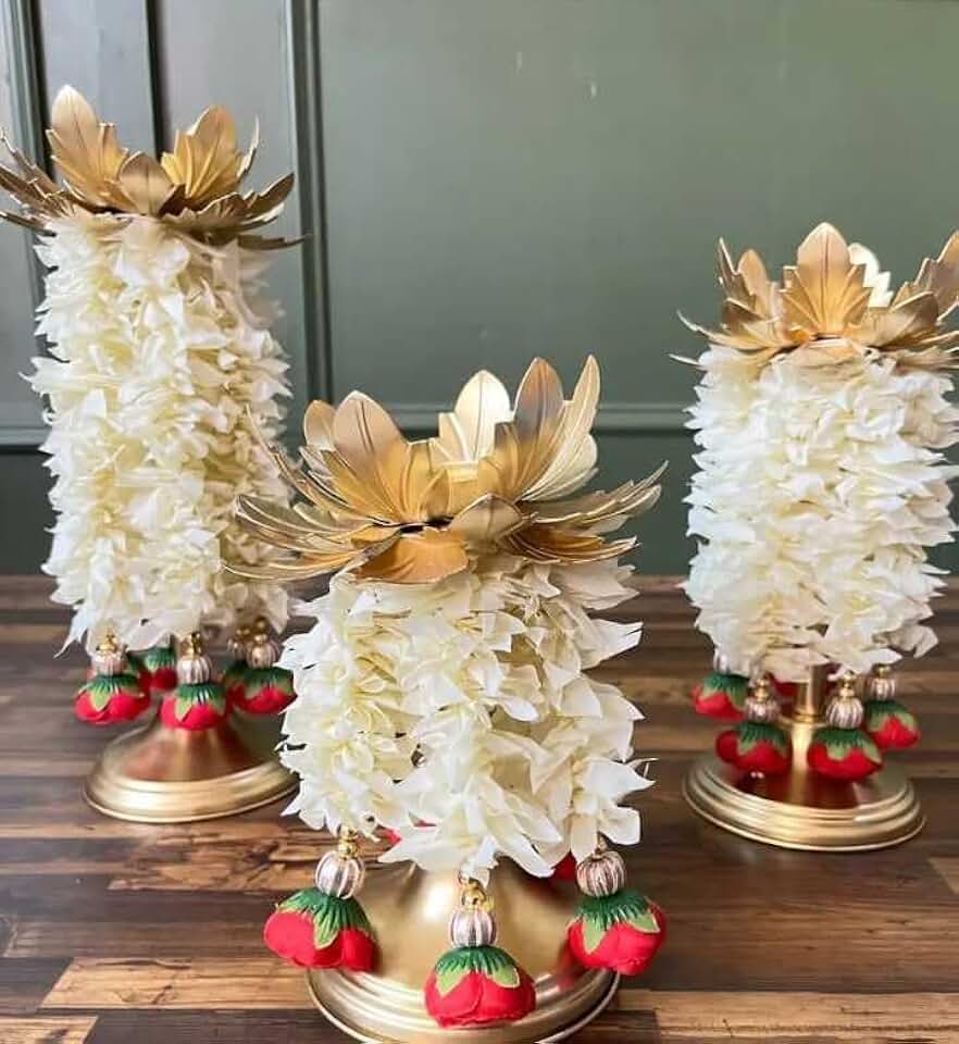 Handmade Metal Tea Light Holder Set of 3 with Paper Gajra, Peony Flower Hanging for Home Decor Diwali Decor Navratri Decor and All Festival Decor MATEL12