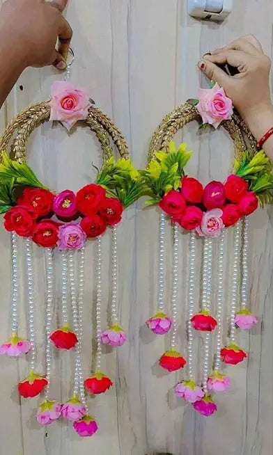 Nutts Traditional Handmade Decorative Lace Chudi Flower Peony Beaded latkan Hanging Wall Hanging for Home Decor Wall Hanging for Decor Main Door (Pack of 2) (SMALL405)