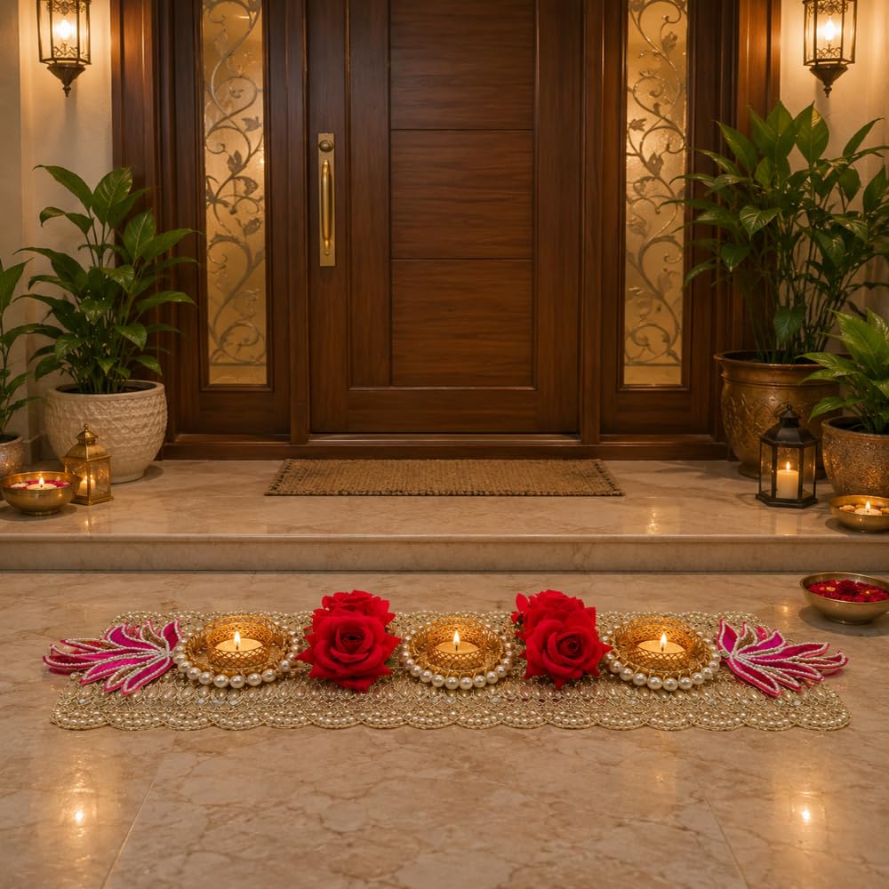 Sellplus Handmade Decorative Candle Holder Runner with Artificial Rose Floral Design Traditional Diwali Festival Table Centerpiece Home Decor for Pooja Room and Wedding Decoration (Tealight-219)