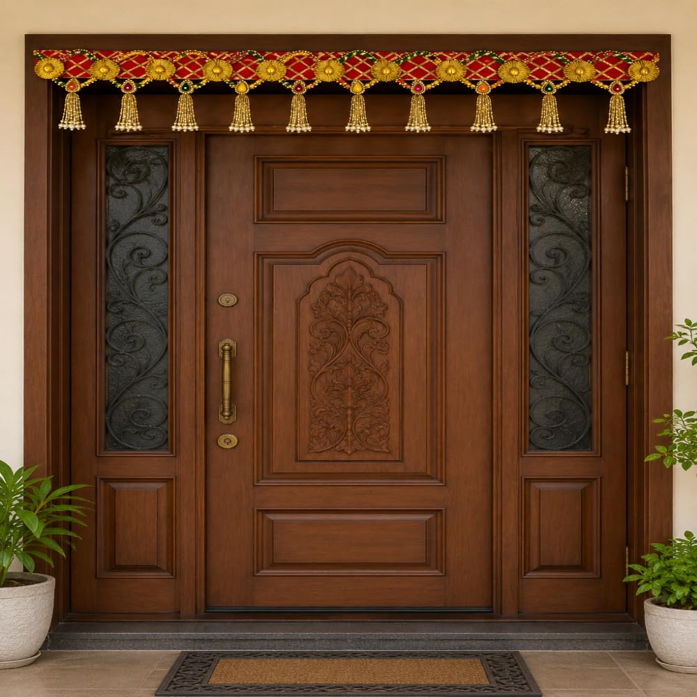 Sellplus Traditional Golden Coin Design Door Bandhanwar Hanging with Red Base and Beaded Tassel Latkan for Festive Home Decor (BDHW533)