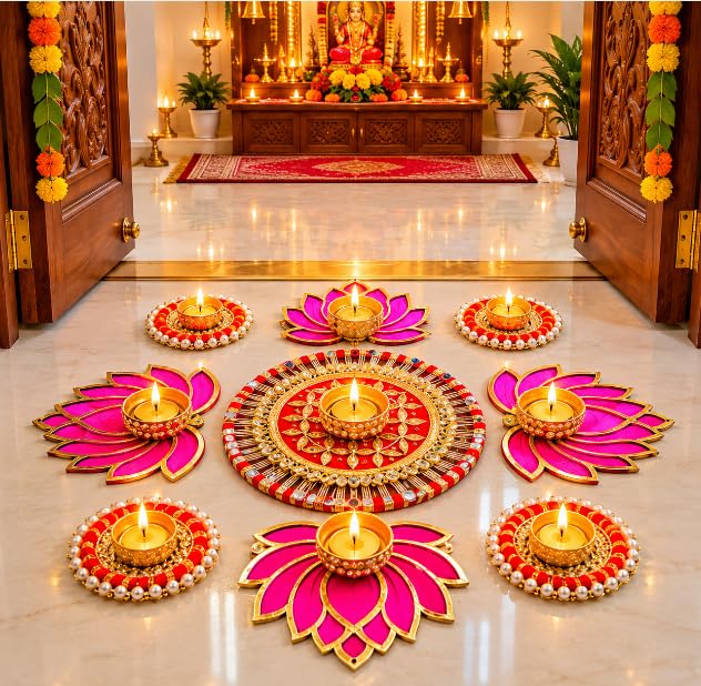 Sellplus Decorative Lotus Chudi Patra Rangoli Set with Tealight Holder | Diwali Gift Diya | Decoration for Home | Office | Pooja | Diwali & All Special Festival Decor (Design 15)(Rang50-2)