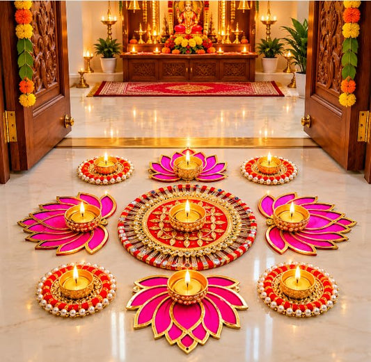 NUTTS Decorative Lotus Chudi Patra Rangoli Set with Tealight Holder | Diwali Gift Diya | Decoration for Home | Office | Pooja | Diwali & All Special Festival Decor (Design 15)(Rang50-2)