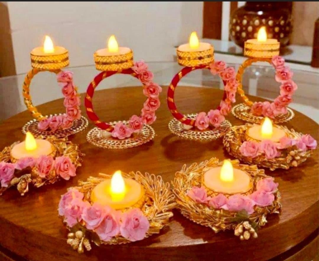 Sellplus Decorative Candle Holder Elegant Handmade Decorative Floral Lace Tealight Candle Holder Set Wedding Festival Home Decor Traditional Round Design Pink Golden Centerpiece(Tealight-41)