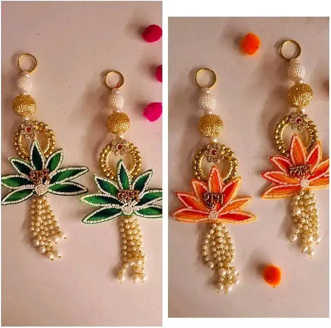 Handmade Shubh Labh Thread Lotus with Moti Latkan Hanging | Toran for Main Door | Traditional Bandhanwar for Home Door| Diwali Decor Hangings & All Festivals (Pack of 4) (Green)