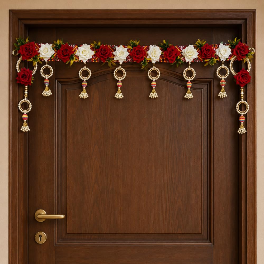 Sellplus Traditional Handcrafted Royal Ethnic Floral Pearl Ring Designer Door Bandhanwar Toran for Diwali Decoration and Festive Home Entrance Decor (BDHW185)