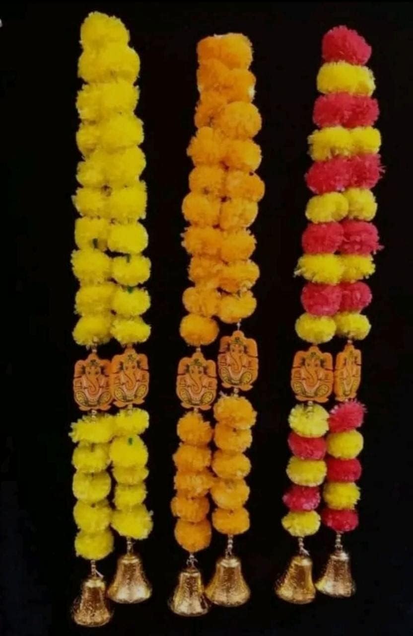 Nutts Handmade Artificial Genda Flower Hanging with Ganesh Motif Decorative Bells Traditional Festival Door Wall Pooja Decoration Reusable Home Decor Hanging (PMPMT160)