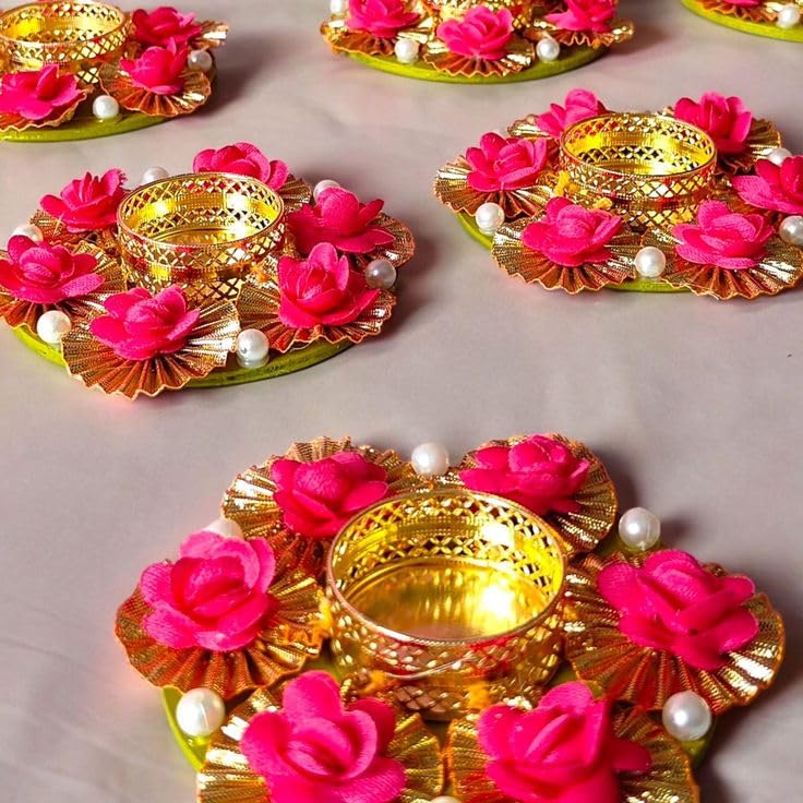 Sellplus Decorative Rose with Gota Chakri Tealight Holder | Decoration for Home | Office | Diwali | Pooja | Diwali & All Special Festival Decor (DTealight-166) (Pack of 2)
