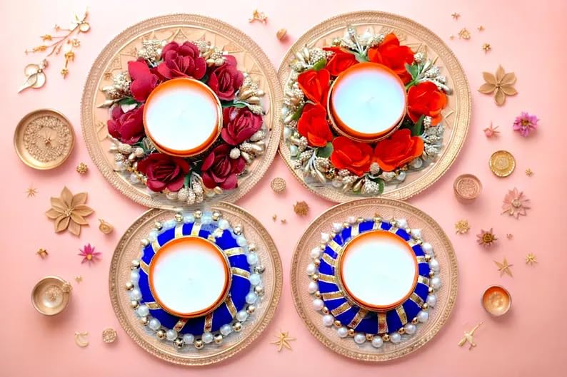 Sellplus Handcrafted Pearl Lace Tealight Candle Holder Decorative Diya Rangoli for Diwali Festival Pooja Home Entrance Floor Decoration(Pack of 4) (Tealight-45)
