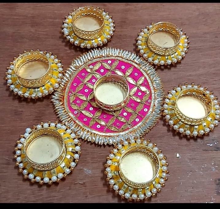 Sellplus Traditional Handmade Red Golden Pearl Tealight Rangoli Decorative Candle Holder Set for Diwali Pooja Wedding Festival Home Decoration Centerpiece Reusable Design (Rang88-2)