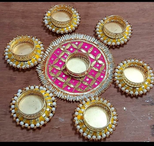 NUTTS  Traditional Handmade Red Golden Pearl Tealight Rangoli Decorative Candle Holder Set for Diwali Pooja Wedding Festival Home Decoration Centerpiece Reusable Design (Rang88-2)