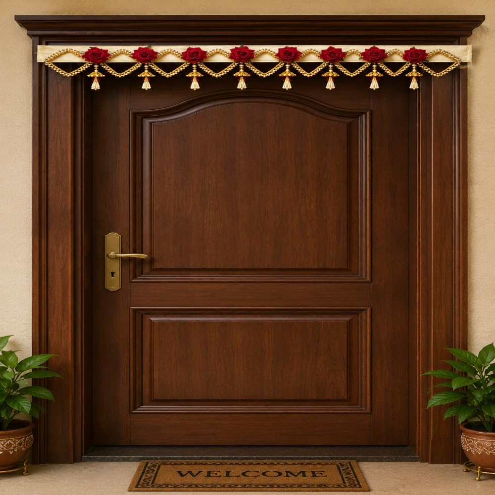Sellplus Elegant Red Rose Door Bandhanwar Hanging with Golden Lace Design and Pearl Latkan for Festive Home Entrance Decor (BDHW532)