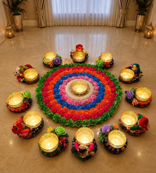 Sellplus Elegant Handmade Floral Rangoli Tealight Holder Festival Decoration MDF Floor Decor for Diwali Navratri Pooja Home Entrance Traditional Art Craft (Rang114)