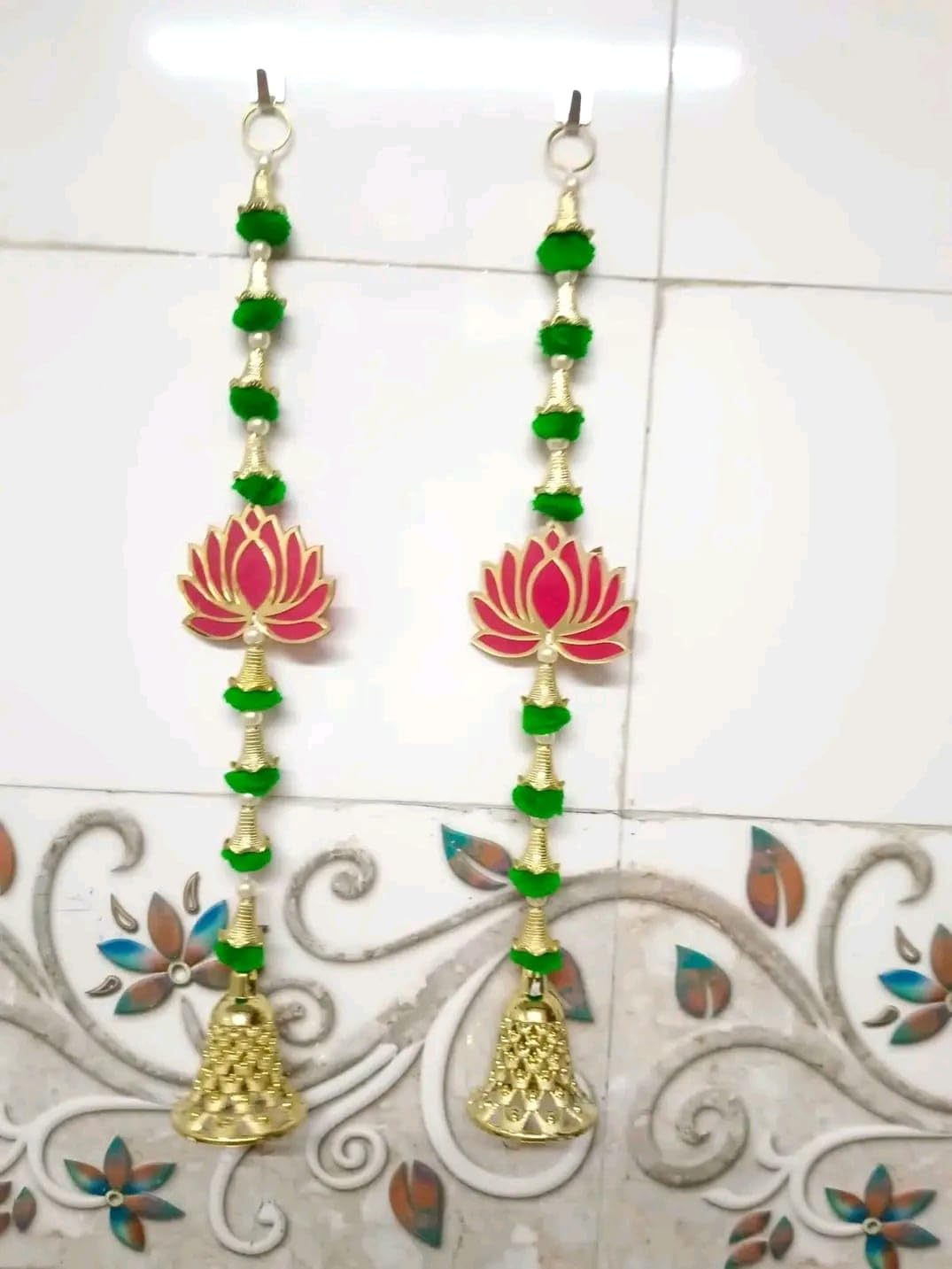 Nutts MDF Lotus Pom Pom Bell Hanging Wall Hanging Main Door Decor Garland Perfect Your Home Decor Enhance Your Space with Graceful Touches (Pack of 2) (Lotus 124)