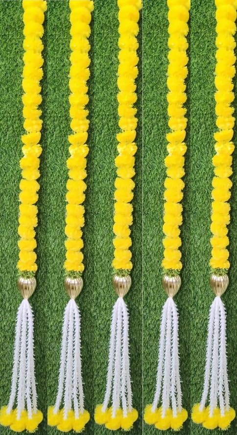 Nutts Handmade Yellow Artificial Marigold Flower Hanging with Latkan Traditional Door Wall Pooja Festival Home Decoration Reusable Decor Pack of 4 (PMPMT156)