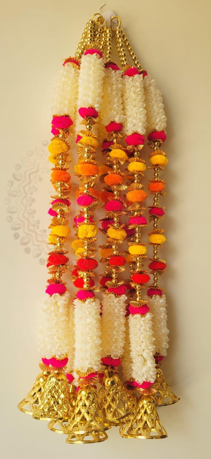Nutts Mogra Pom Pom Bell Hanging Wall Hanging Main Door Decor Garland Perfect Your Home Decor Enhance Your Space with Graceful Touches (MOGRAH23) (Pack of 4)