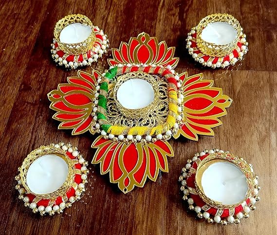 Sellplus Decorative Lotus Multi Chudi Rangoli Set with Tealight Holder | Diwali Gift Diya | Decoration for Home | Office | Pooja | Diwali & All Special Festival Decor (Design 13)(Rang52)