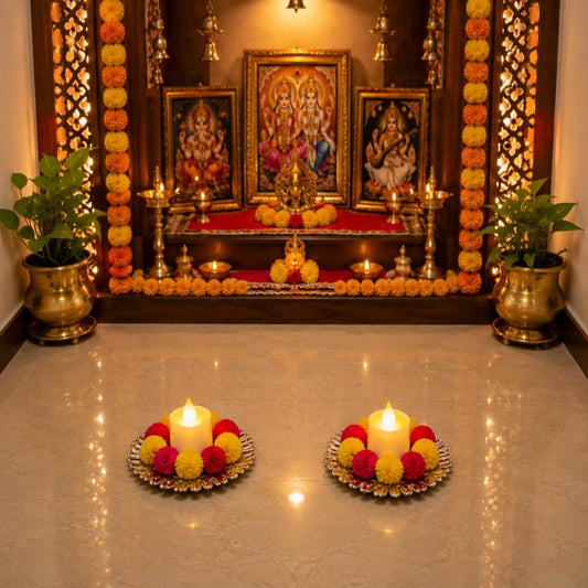 Sellplus Handmade Decorative Candle Holder with Pom Pom Floral Design Traditional Diwali Festival Home Decor Tea Light Stand for Pooja Room Table and Entrance Decoration (Tealight-101)