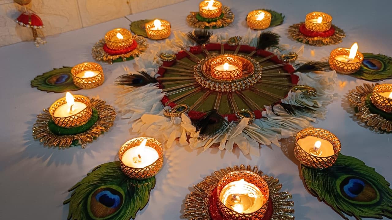 Sellplus Traditional Rangoli Tealight Set Decorative Festival Floor Decor for Diwali Navratri Pooja Wedding Home Entrance Reusable Elegant Design Set of 1 (Rang164)