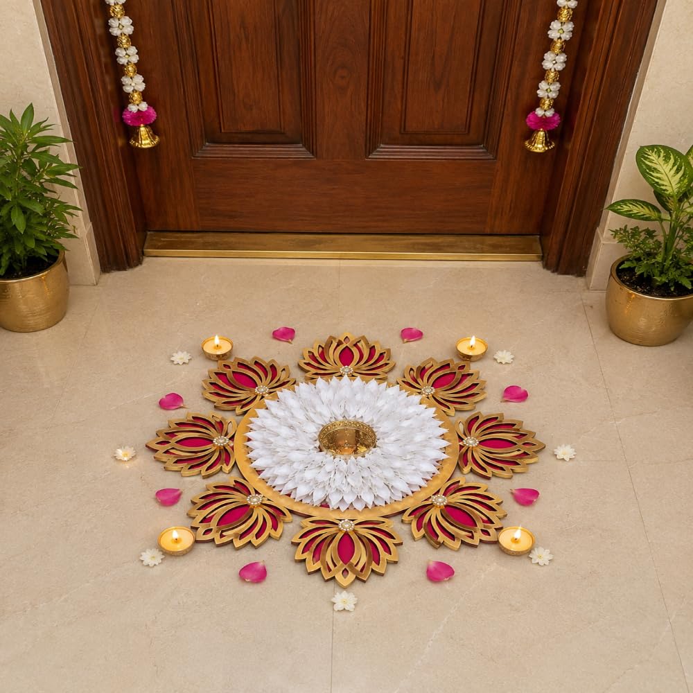Sellplus Handmade Lotus Flower Decorative Candle Holder Rangoli Set with White Floral Design Traditional Diwali Festival Home Decor for Pooja Room Entrance and Table Decoration (Tealight-274)