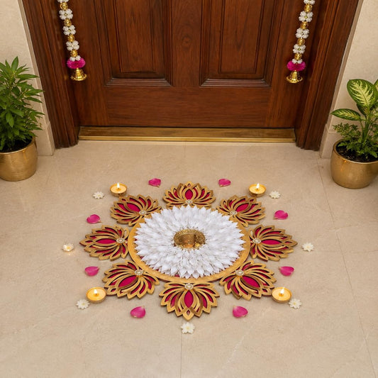 Sellplus Handmade Lotus Flower Decorative Candle Holder Rangoli Set with White Floral Design Traditional Diwali Festival Home Decor for Pooja Room Entrance and Table Decoration (Tealight-274)